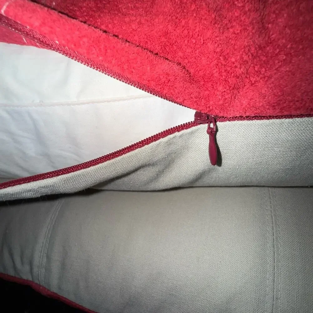 WOOLRICH RED GENUINE LEATHER SUEDE FEATHER INSERT LINEN BLEND BACK PILLOW SET